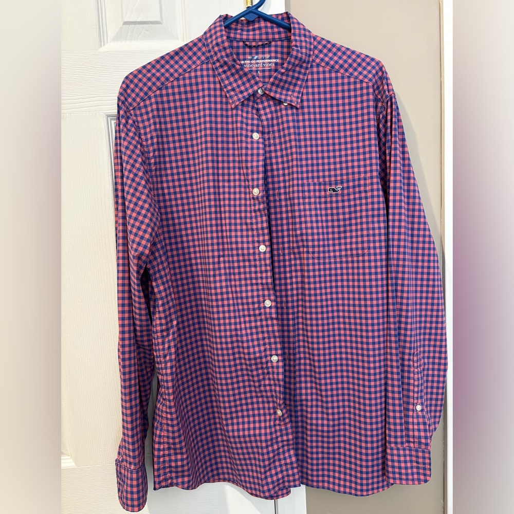 Vineyard Vines Men's Casual Pink and Blue Plaid Shirt